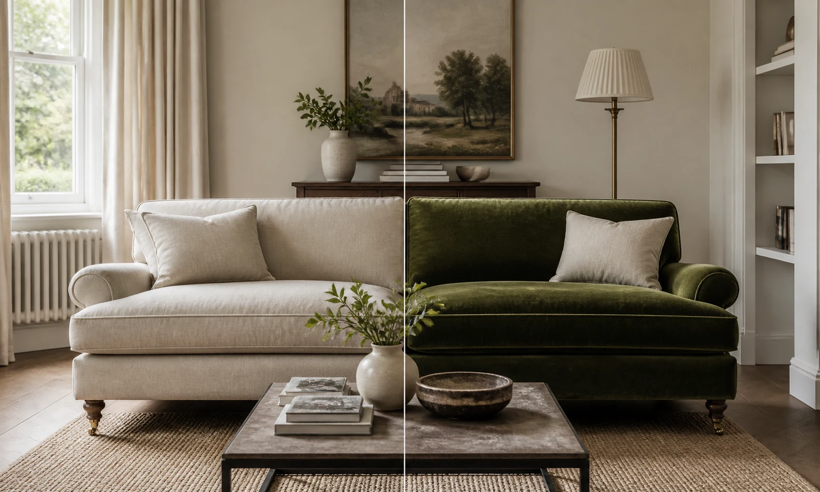 A customer room compared before and after a moss velvet upholstery visualisation