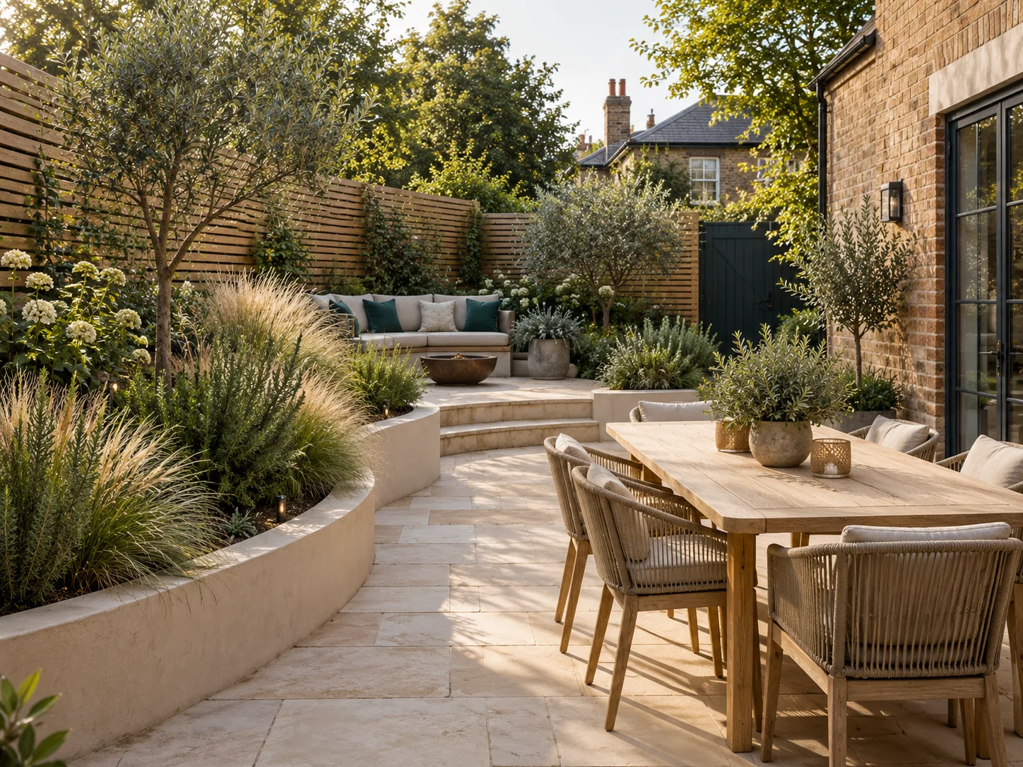 Illustrative garden with limestone patio and planted borders