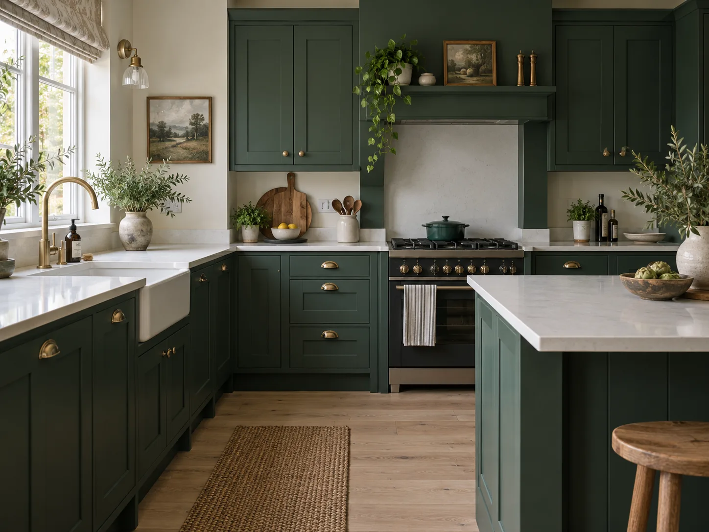 Illustrative kitchen with forest green cabinets and quartz worktops