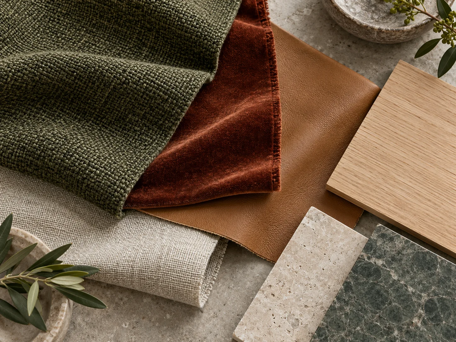 Oak, stone and textile material references