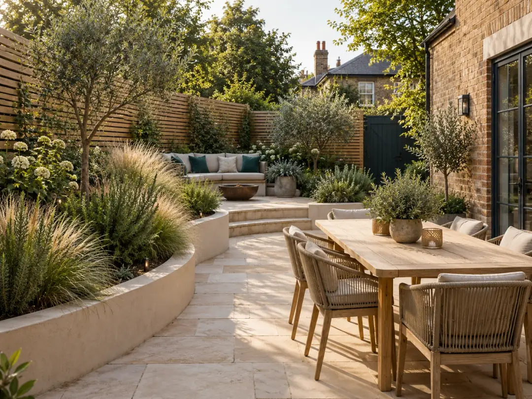 Illustrative garden with limestone patio and planted borders
