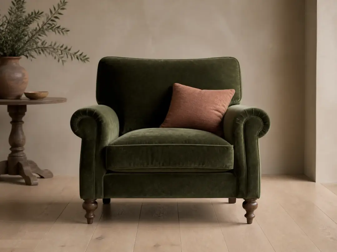 Moss velvet armchair with a matching material reference